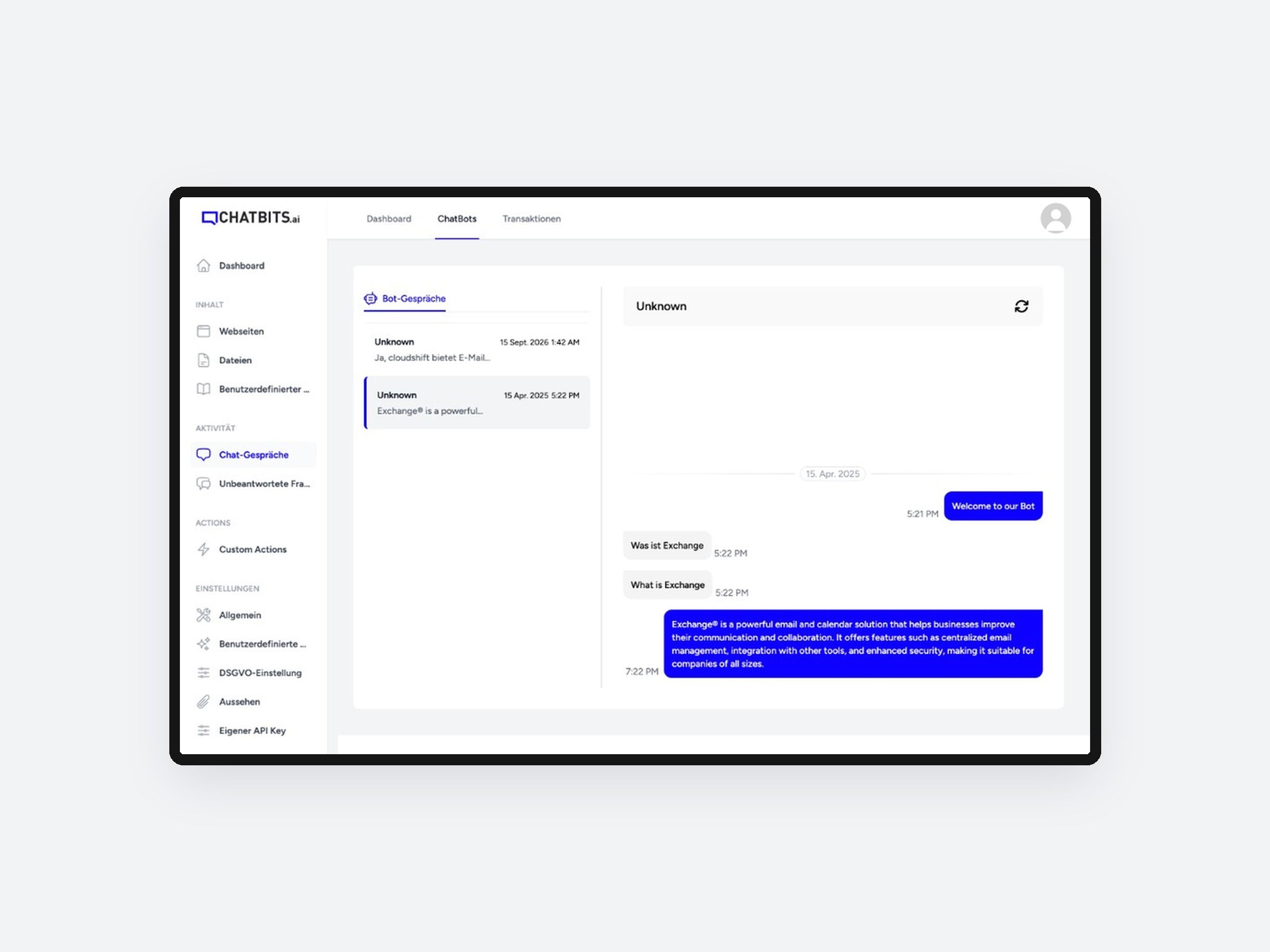 Chatbits back end with the list of chat conversations and one conversation open