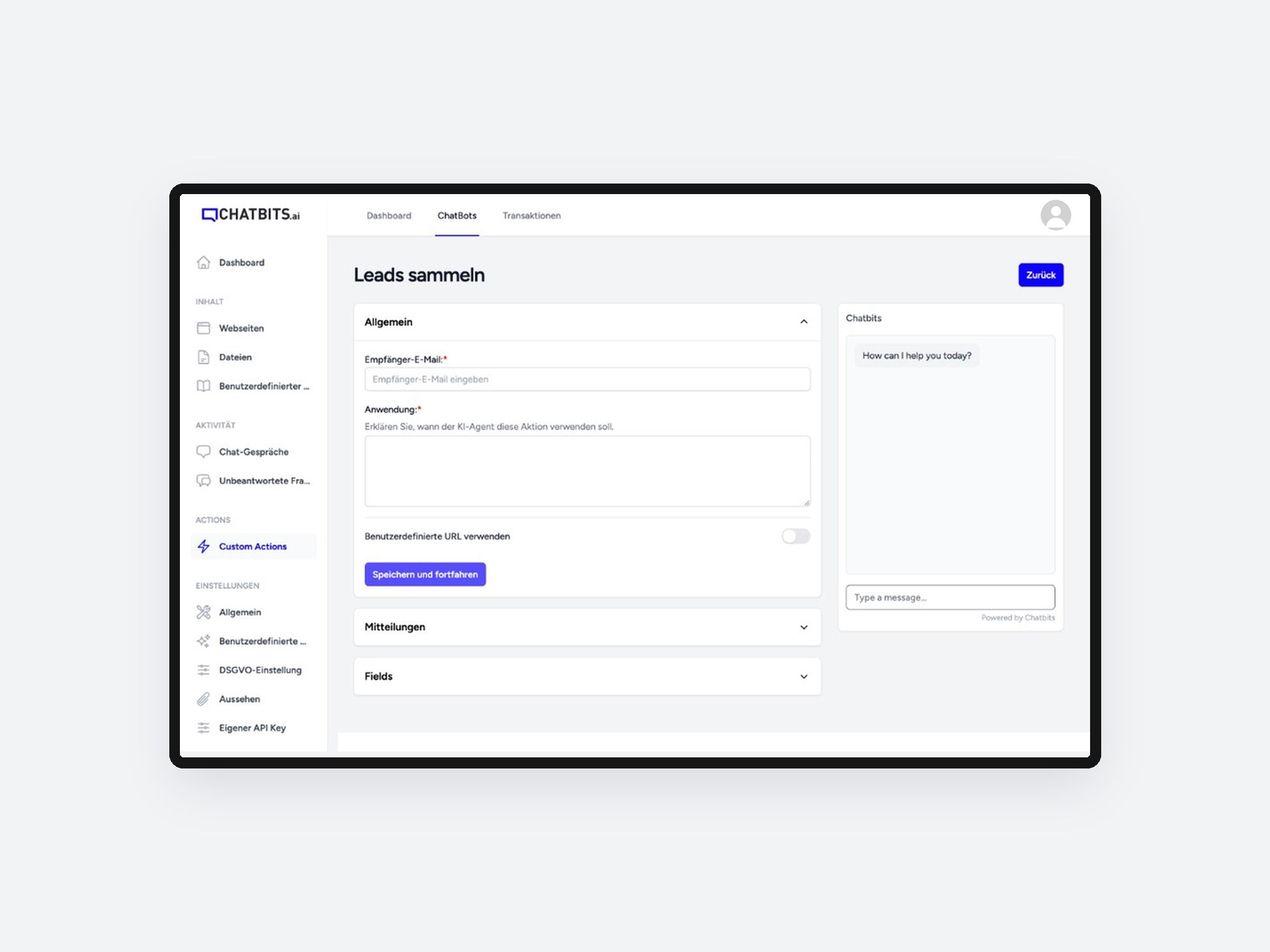 “Collect leads” form in the Chatbits back end with the recipient email and a field for when to use it, a chat preview beside it