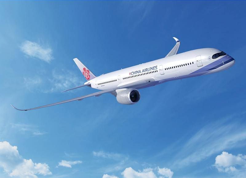 China Airlines Airbus A350 in flight against a blue sky
