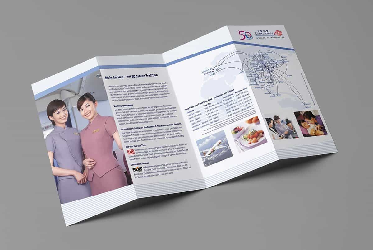 Unfolded China Airlines leaflet with flight attendants, the route network, a timetable and pictures of the in-flight service