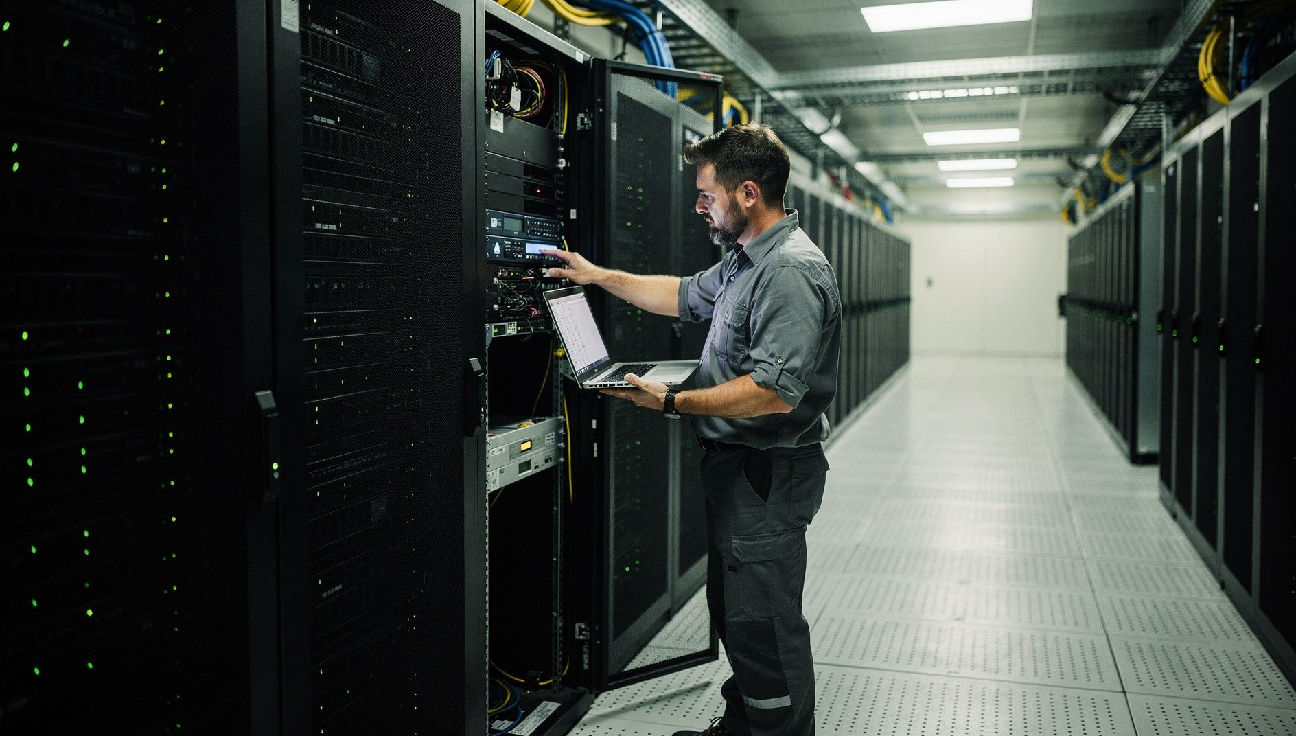 A technician in a data centre checking a server in an open rack with a laptop
