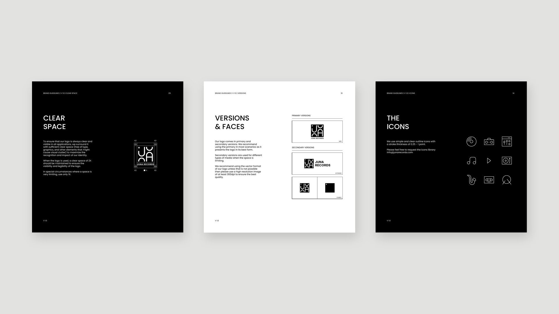 Three pages from the styleguide: clear space around the logo, logo versions and icons