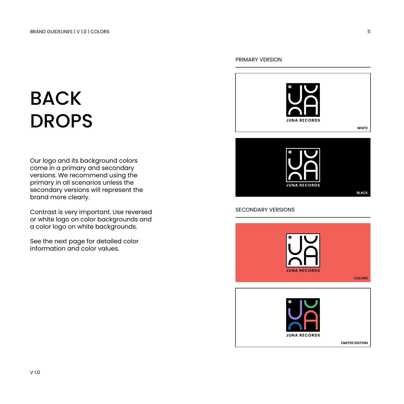 Styleguide page “Back Drops” with the logo on white, black and coral backgrounds