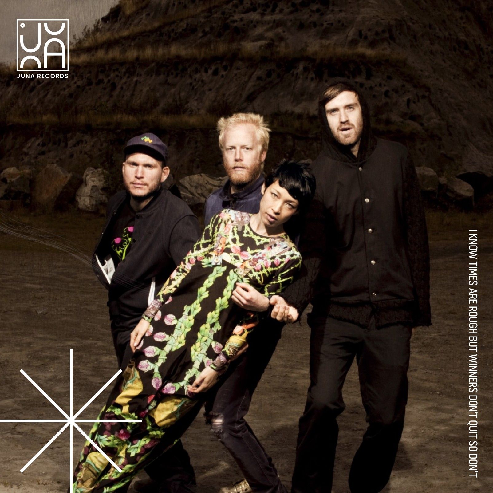 Imagery page from the styleguide: four musicians in front of a dark hill, the woman in the middle wearing a brightly embroidered suit and leaning back at an angle