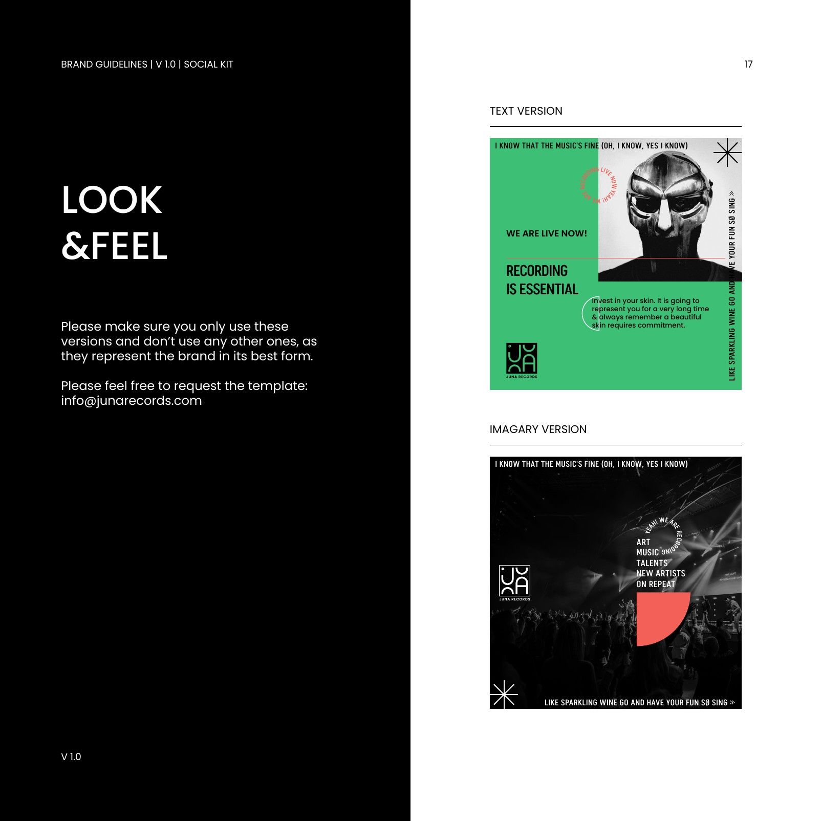 Styleguide page “Look & Feel” with two social media posts, a text version in green with the mask portrait and an imagery version in black with coral
