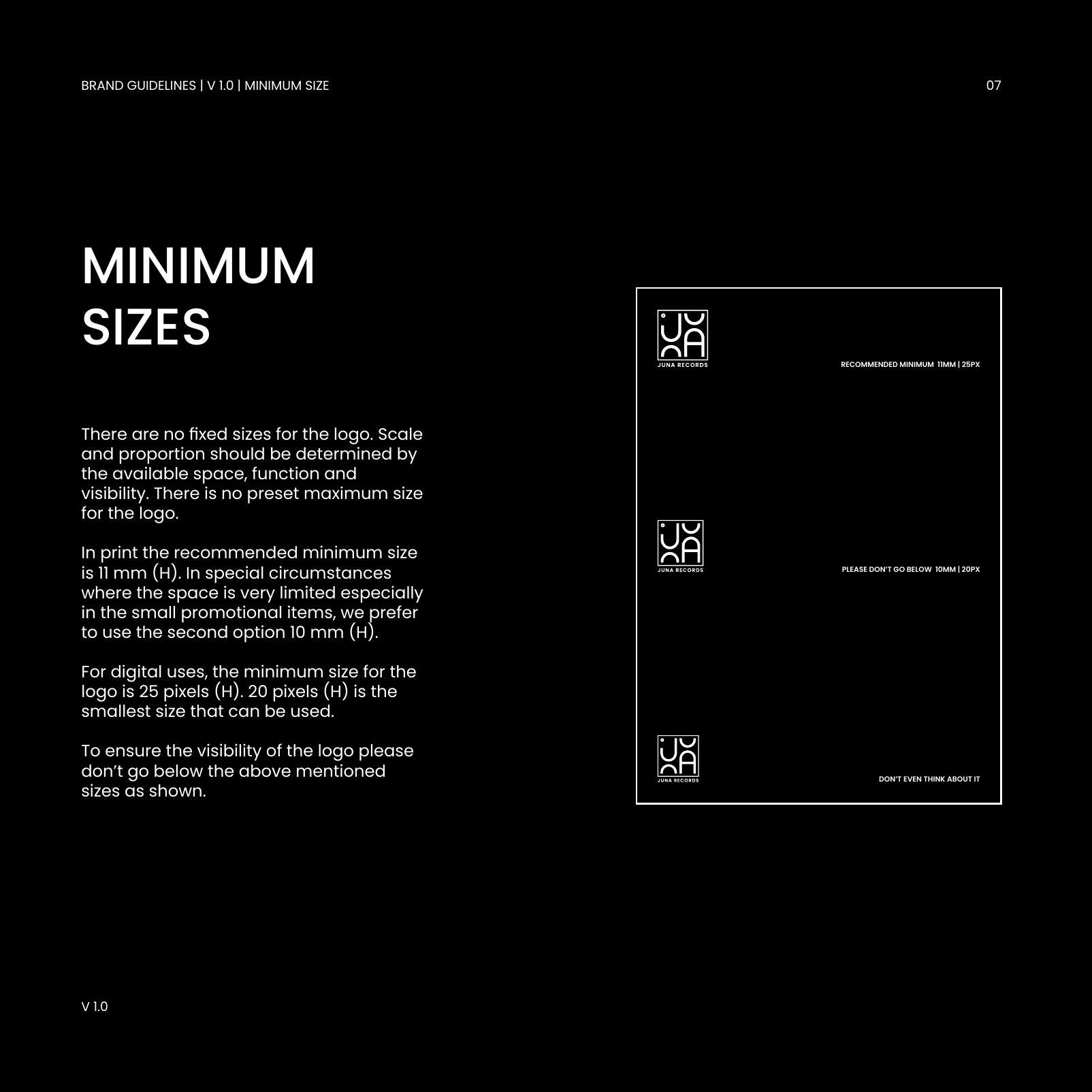 Styleguide page “Minimum Sizes” on black, with the logo in several sizes down to the minimum of 11 millimetres or 25 pixels