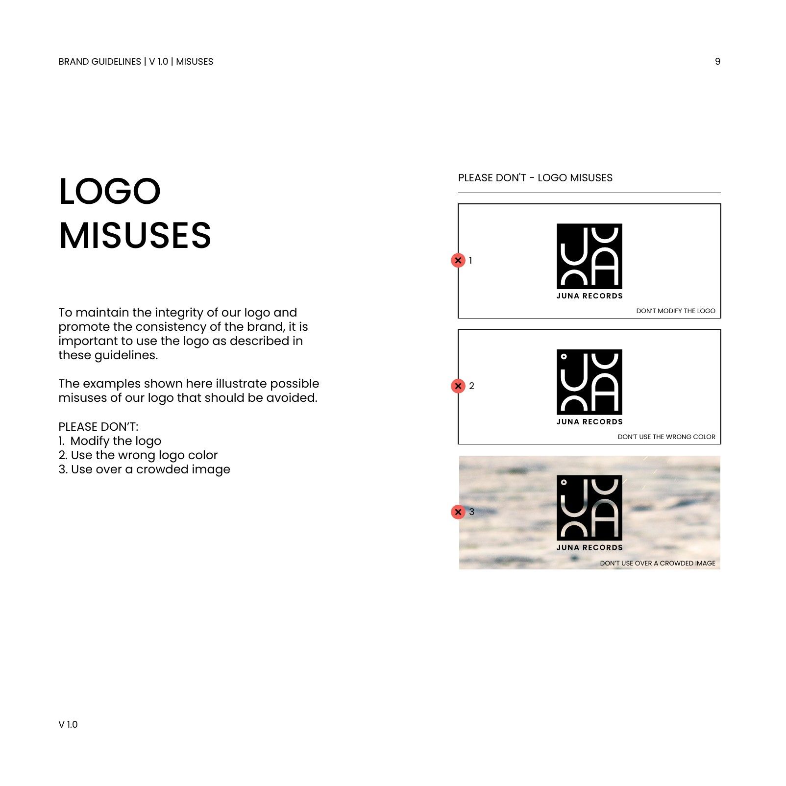 Styleguide page “Logo Misuses” with three examples marked in red of how the logo must not be used