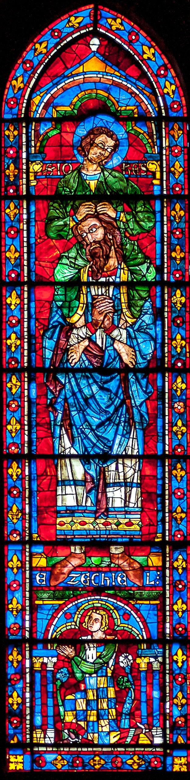 Stained glass: John on the shoulders of Ezekiel