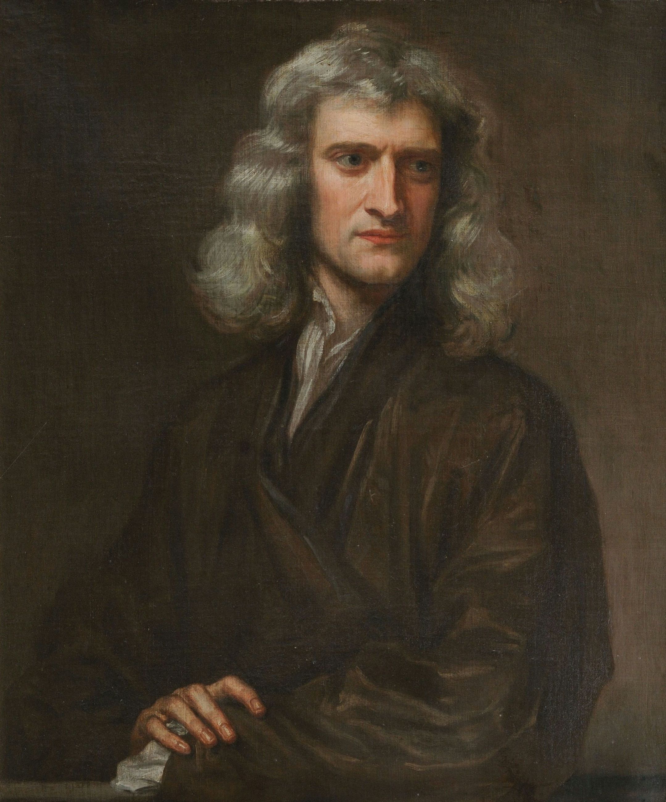 Painting: Isaac Newton with long hair, in a brown gown