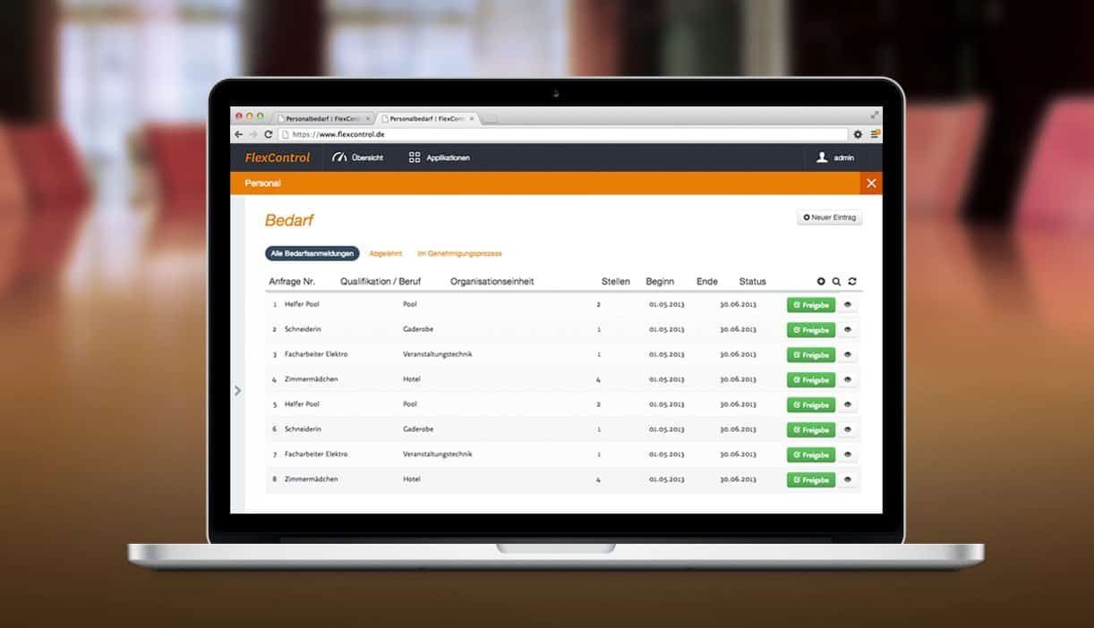 Laptop on a table showing the list of staff requests in FlexControl, each row with an approval button