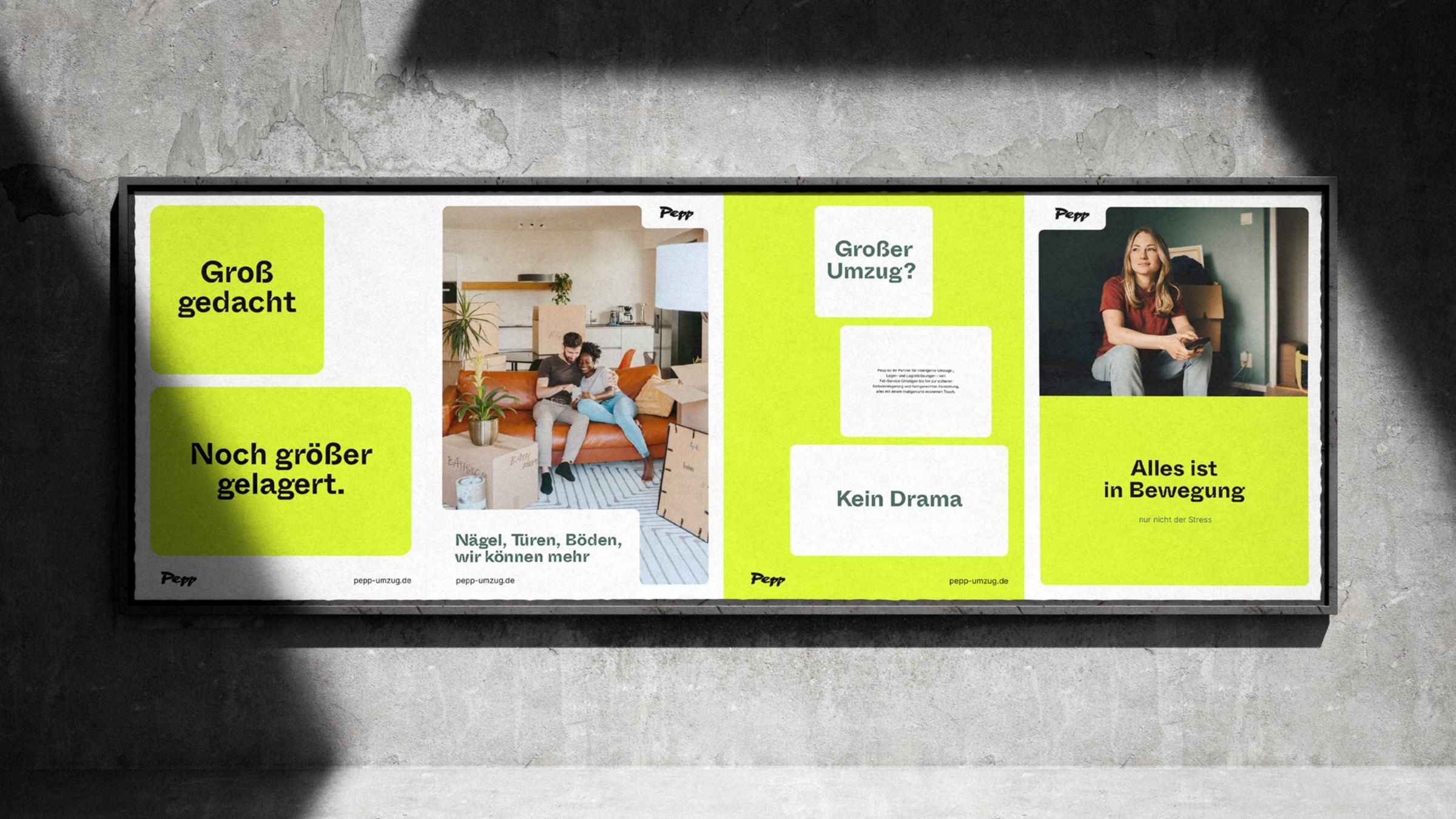 Billboard on a concrete wall with four Pepp posters, including “Groß gedacht. Noch größer gelagert.” and “Kein Drama”