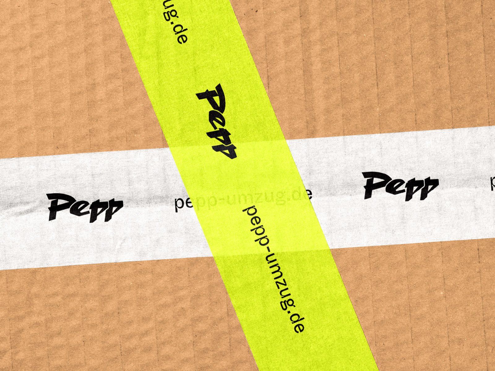 Moving box with two Pepp packing tapes, one lime and one white, both carrying the logo and web address