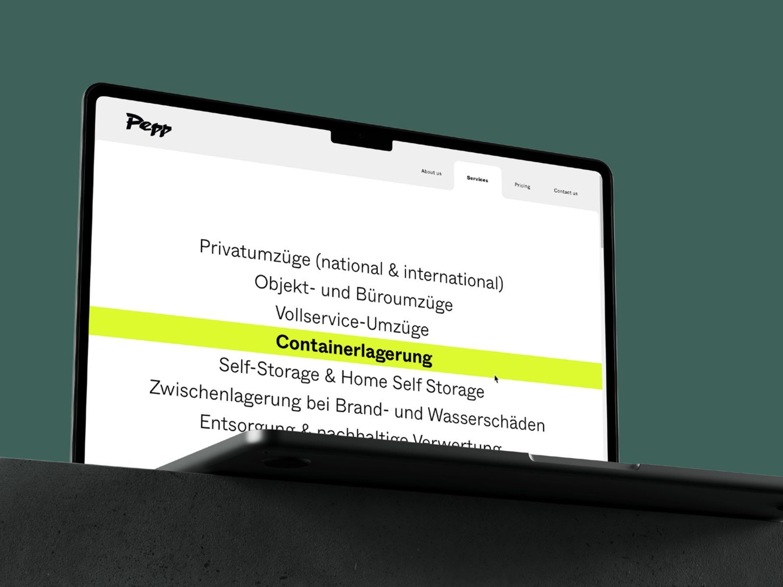 Container storage highlighted on the Pepp website, on a laptop on a concrete plinth