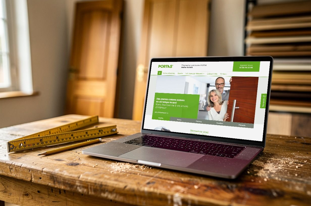 Laptop on a carpentry workbench showing the French website of a PORTAS franchise business, with doors and wood samples behind