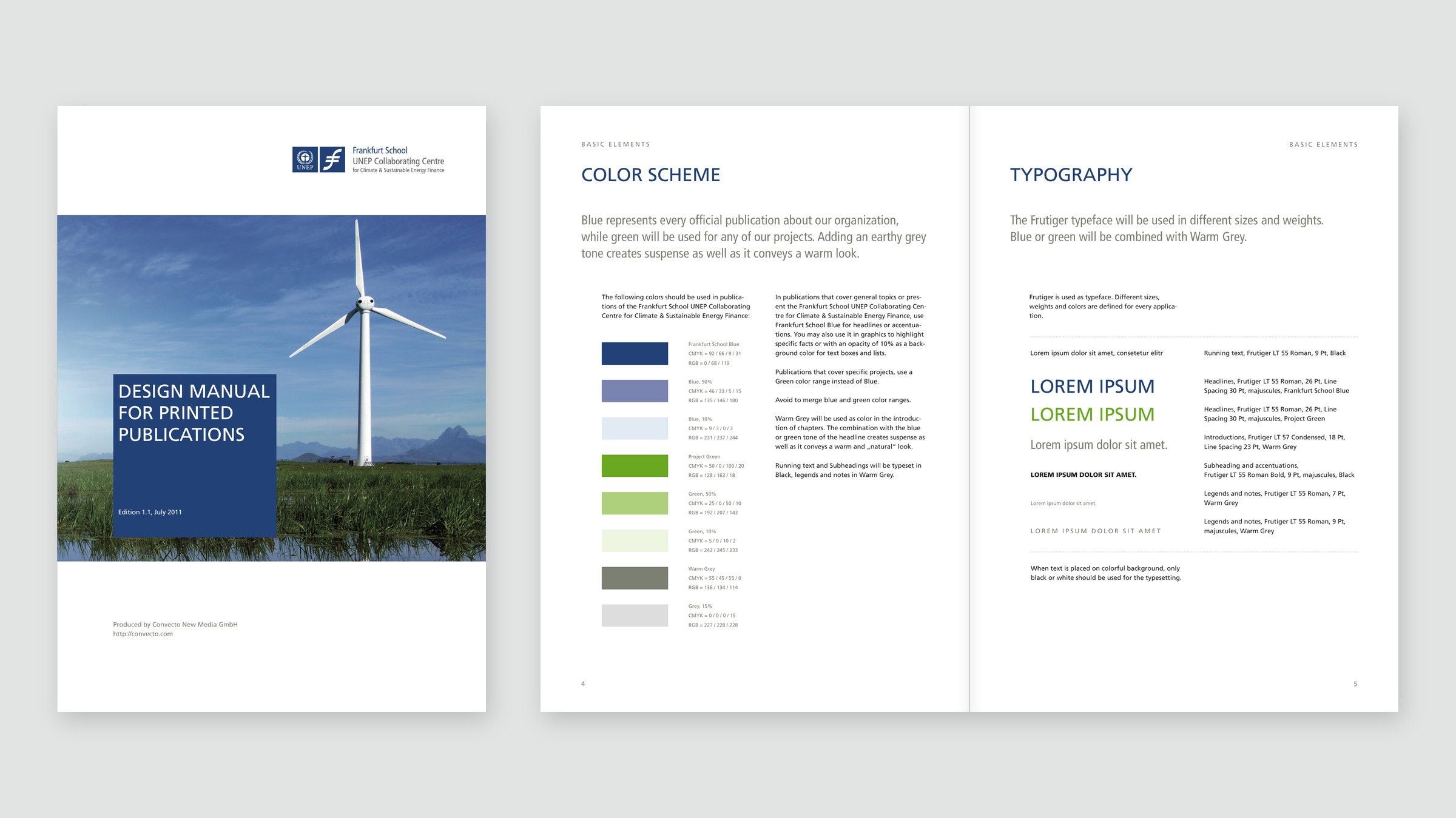 Cover of the design manual with a wind turbine and a blue square, next to the spread on colour scheme and typography