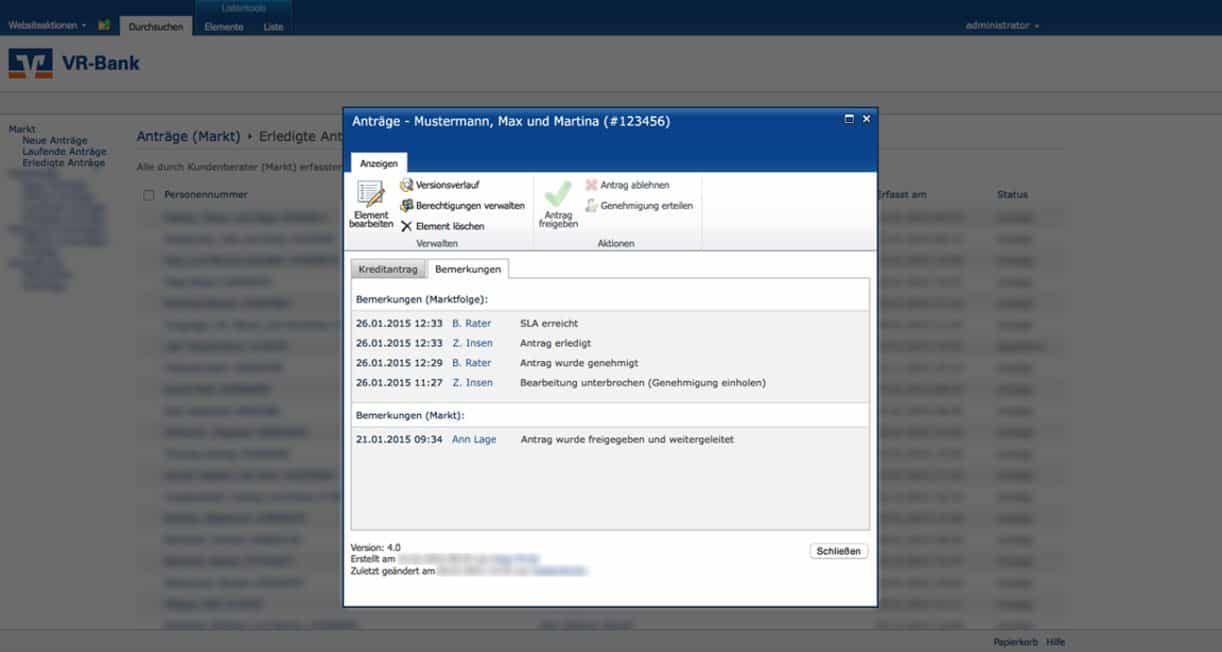 Dialog of a loan application with remarks on every processing step up to SLA reached